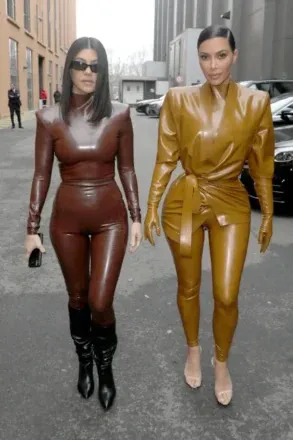 Kourtney and Kim Kardashian attending Paris Fashion Week in latex outfits (2020)