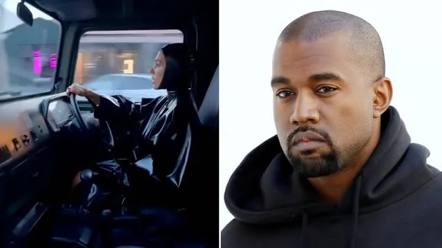 Kanye West photographing his current wife Bianca (left) driving in a hooded latex suit (January 2024)